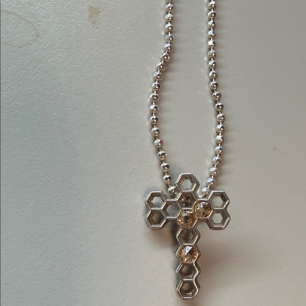Mignot Faget Honeycomb Cross Pendant Necklace in Silver with Amber Stones